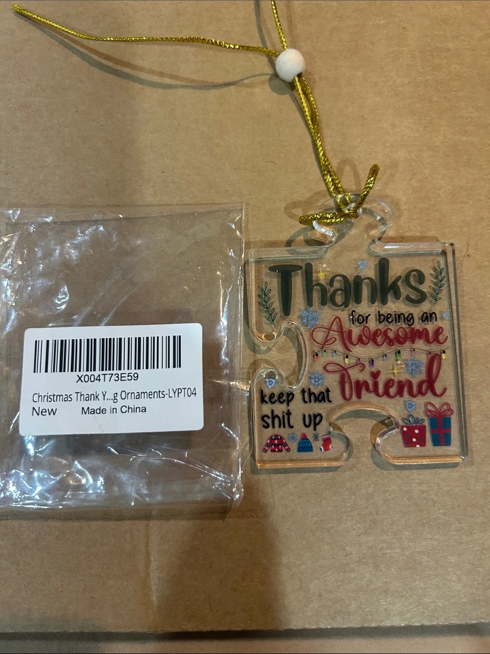 Amazon Clear Puzzle Ornament with Gold Cord - Red, Black, Blue, Pink, Green